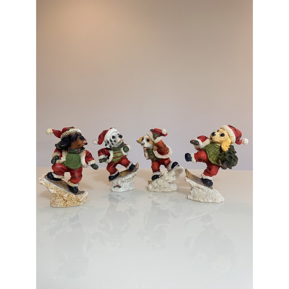 VTG 4pcs Snowboarding Christmas Santa Dogs 6" Figurine Retriever Labrador Beagle